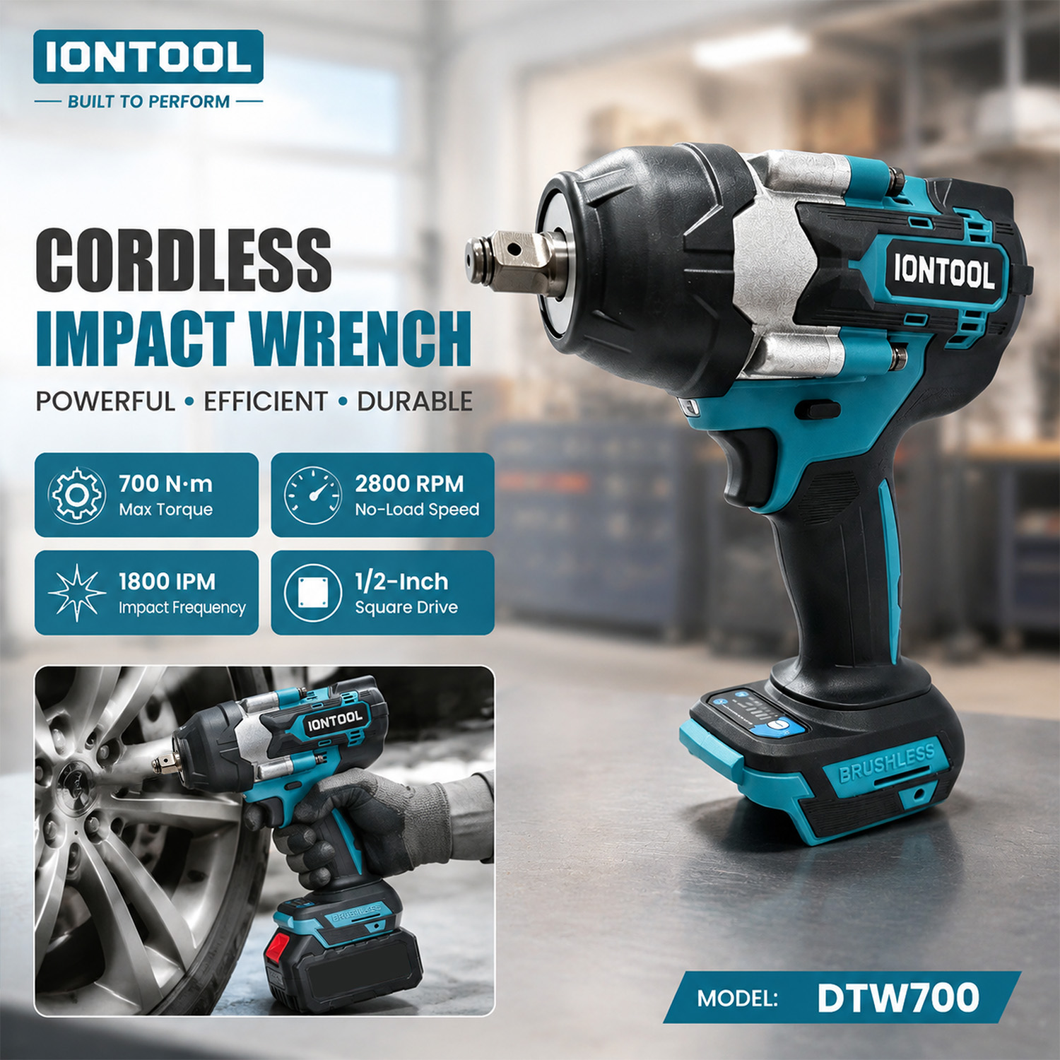 Workshop Tools In Engineering - IONTOOL DTW700 滑り止めコードレスインパクトレンチ 1/2インチドライブ ナット解体用 ガレージ、ワークショップ、エンジニアリング設置用電動工具