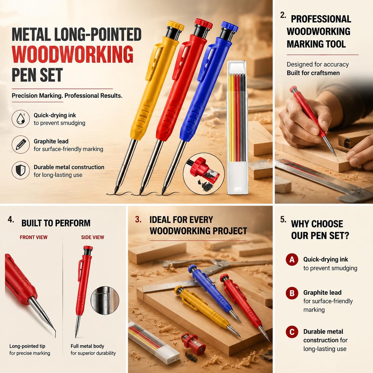 Workshop Tools In Engineering - プロ仕様の金属製ロングチップ木工用鉛筆、深穴マーキング用グラファイト芯、速乾性メカニカルペンシルキット、スクライバーマーカーツール、建設、大工、ワークショップ、エンジニアリング、製図、精密測定ツール